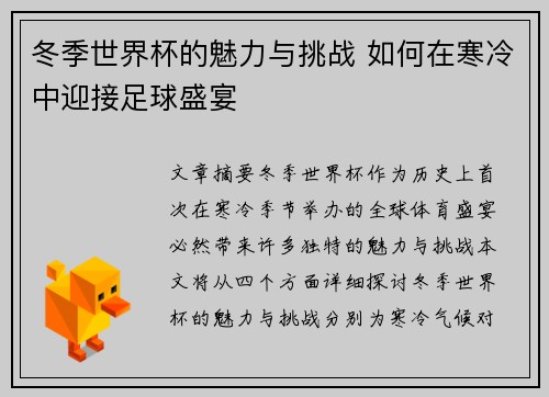 冬季世界杯的魅力与挑战 如何在寒冷中迎接足球盛宴