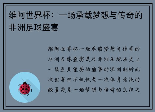 维阿世界杯：一场承载梦想与传奇的非洲足球盛宴