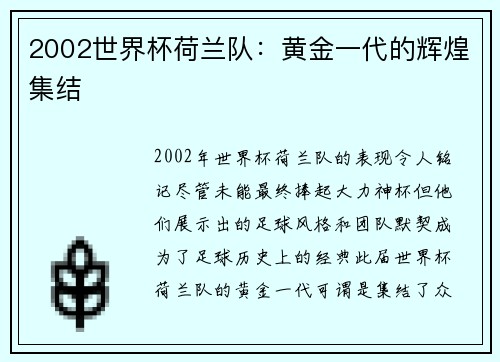 2002世界杯荷兰队：黄金一代的辉煌集结