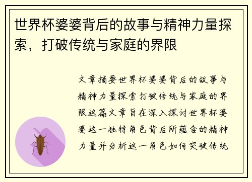 世界杯婆婆背后的故事与精神力量探索，打破传统与家庭的界限