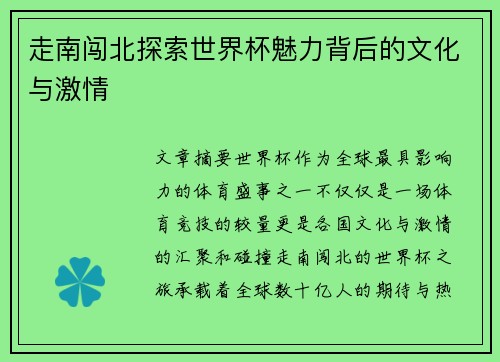 走南闯北探索世界杯魅力背后的文化与激情